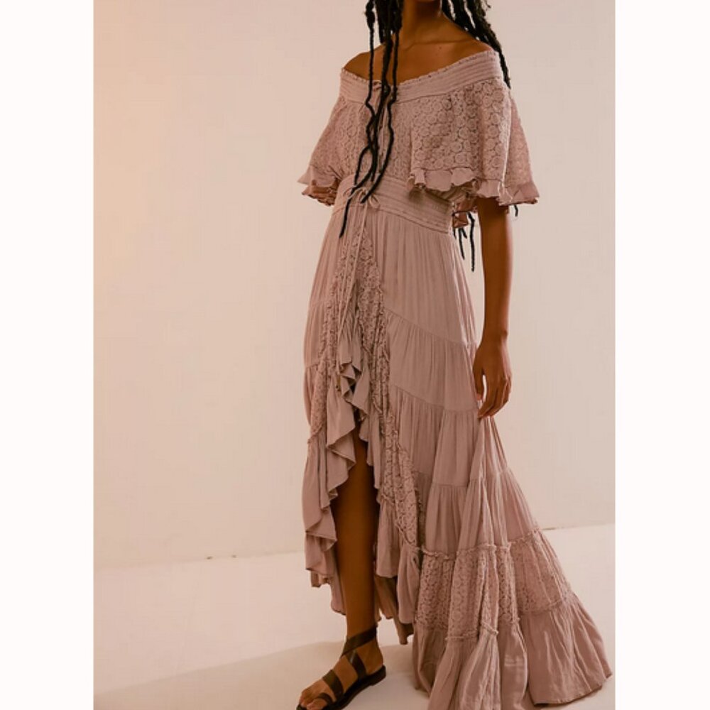 🌸 Free People Dancing on Air Maxi Dress Boho Cotton Chiffon Lace Ruffle Romance